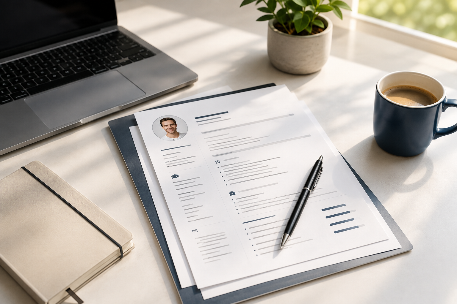 Printed CV with a pen and a notebook on a desk