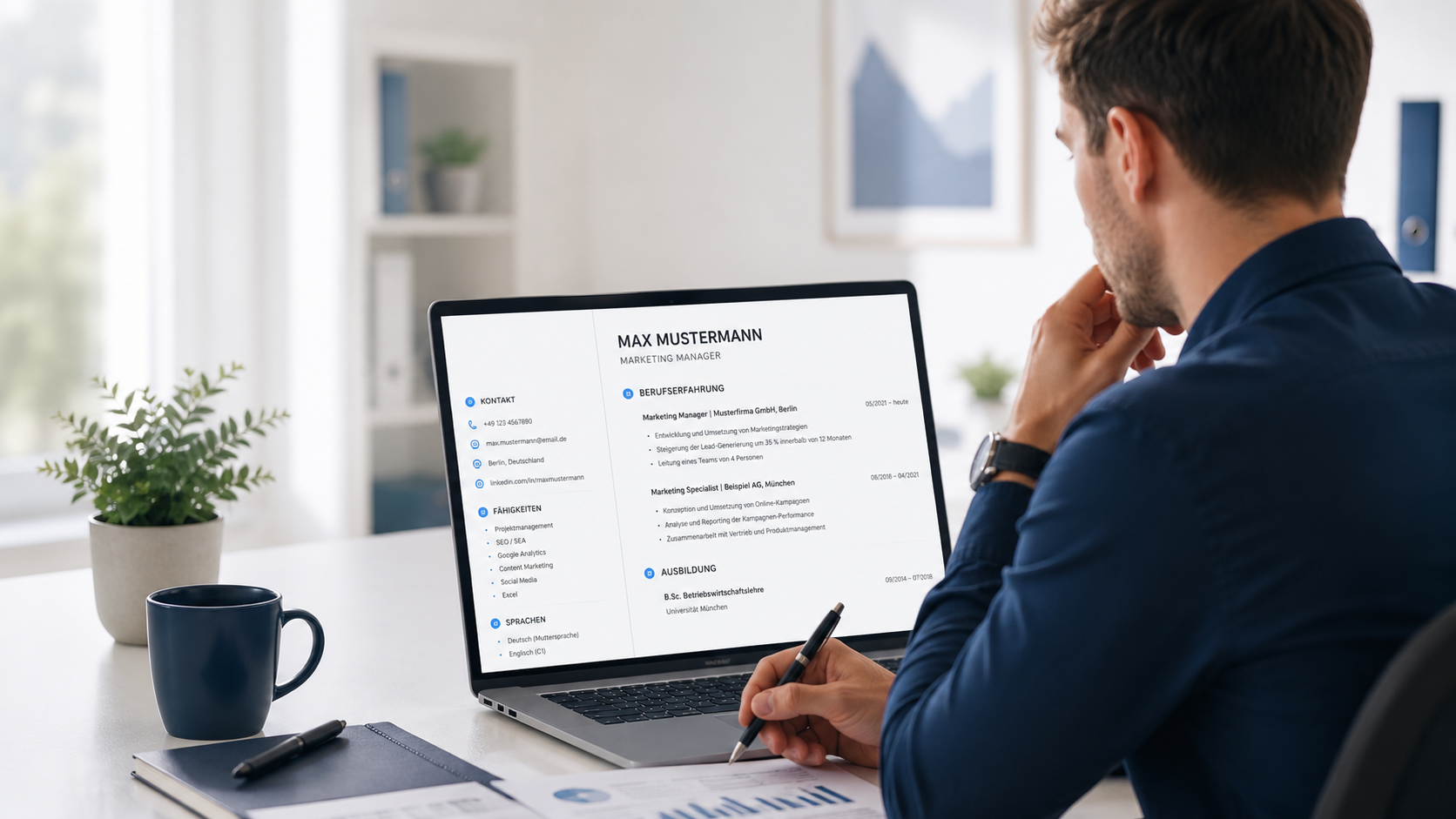 Job applicant reviewing a German CV on a laptop
