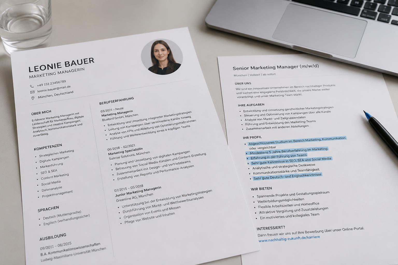 Printed CV next to a job advertisement with highlighted requirements